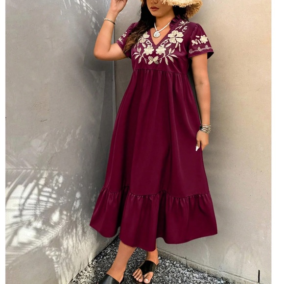 Plus Floral Embroidered Frill Neck Short Sleeve Ruffle Hem Dress - Picture 1 of 8